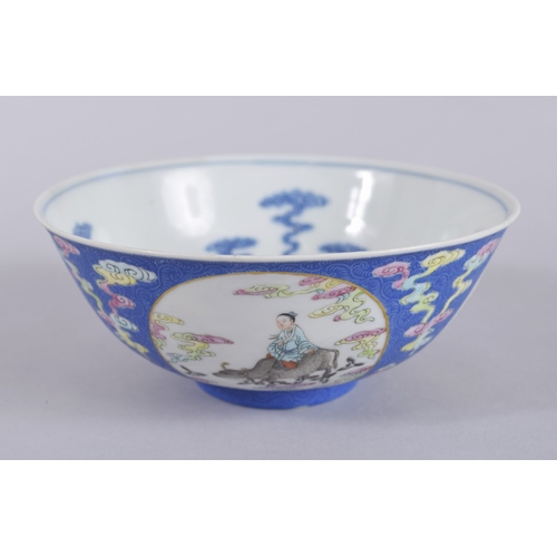 44 - A CHINESE DAOGUANG BLUE GROUND FAMILLE ROSE PORCELAIN MEDALLION BOWL, mark and period, the exterior ... 