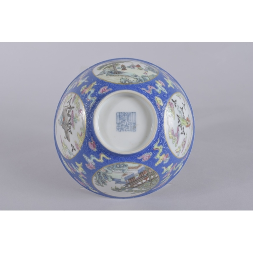 44 - A CHINESE DAOGUANG BLUE GROUND FAMILLE ROSE PORCELAIN MEDALLION BOWL, mark and period, the exterior ... 