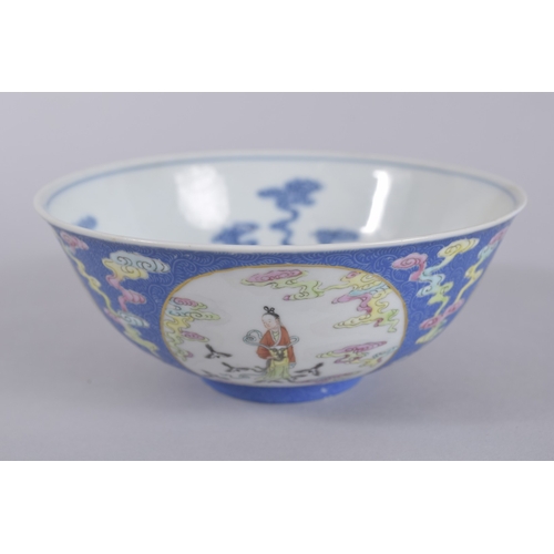 44 - A CHINESE DAOGUANG BLUE GROUND FAMILLE ROSE PORCELAIN MEDALLION BOWL, mark and period, the exterior ... 