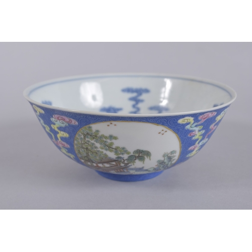 44 - A CHINESE DAOGUANG BLUE GROUND FAMILLE ROSE PORCELAIN MEDALLION BOWL, mark and period, the exterior ... 