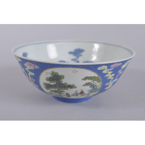 44 - A CHINESE DAOGUANG BLUE GROUND FAMILLE ROSE PORCELAIN MEDALLION BOWL, mark and period, the exterior ... 