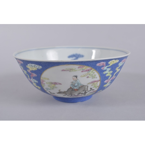 44 - A CHINESE DAOGUANG BLUE GROUND FAMILLE ROSE PORCELAIN MEDALLION BOWL, mark and period, the exterior ... 