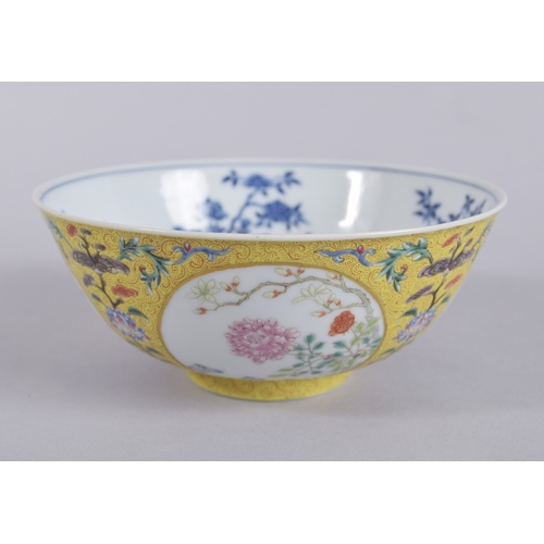 45 - A CHINESE DAOGUANG YELLOW GROUND FAMILLE ROSE PORCELAIN MEDALLION BOWL, mark and period, the exterio... 