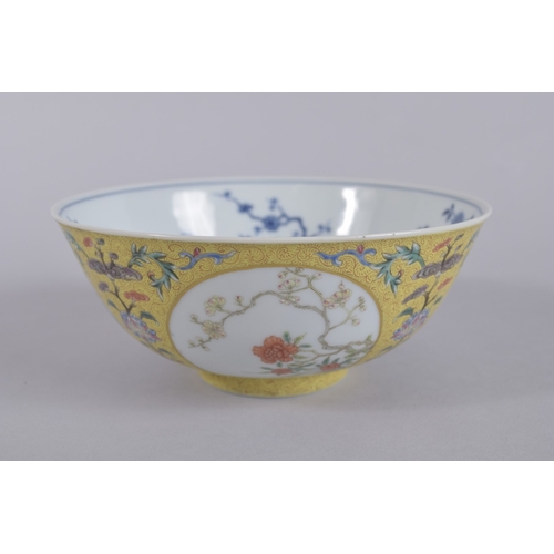 45 - A CHINESE DAOGUANG YELLOW GROUND FAMILLE ROSE PORCELAIN MEDALLION BOWL, mark and period, the exterio... 