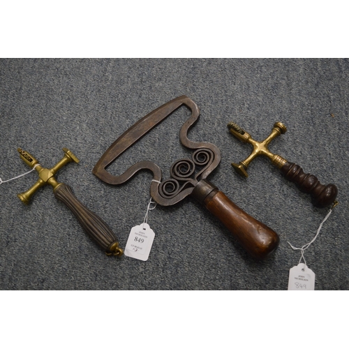 849 - Two Victorian pastry jiggers/ markers/ crimpers and a Swedish chopping knife.