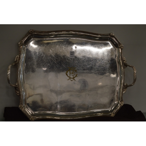 851 - A large silver plated twin handled tray.