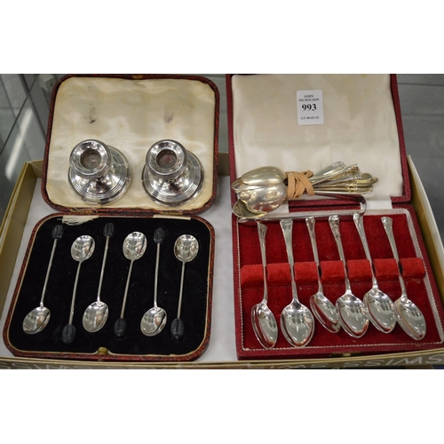 993 - Two cased set of silver coffee spoons, various loose silver spoons and a pair of silver dwarf candle... 