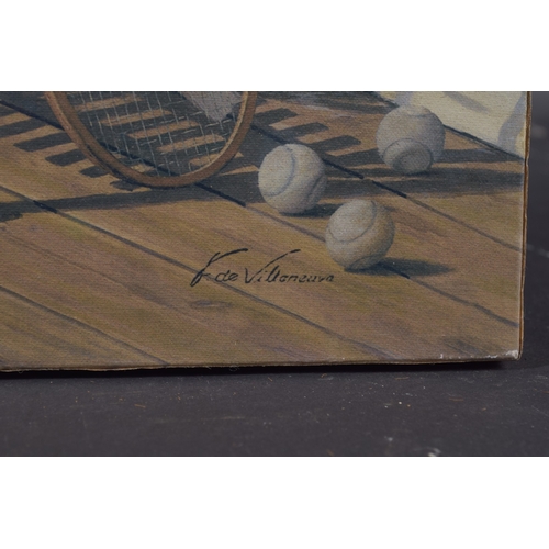 110 - DE VILLANEUVA (20TH CENTURY) Tennis rackets and garden chair, coloured print, 16