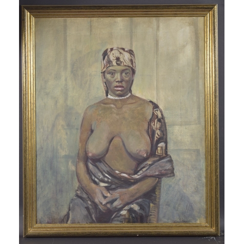 111 - EARLY 20TH CENTURY Portrait of a seated semi naked African woman oil on canvas, 30