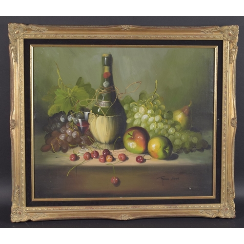 112 - FRANK LEAN (20TH CENTURY) Still Life with bottle and fruit, oil on canvas, signed, 19.5 X 23.5