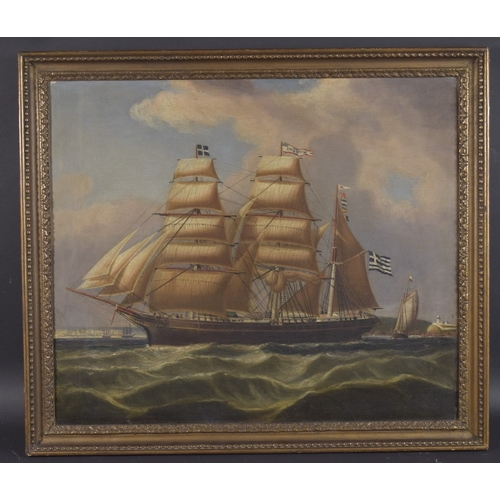 114 - 19TH CENTURY MARITIME SCHOOL A Greek three-mast sailing ship leaving harbour, oil on canvas, 22.5