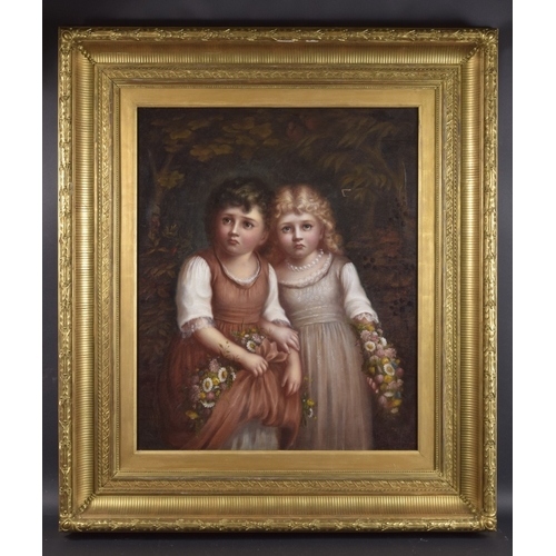 115 - 19TH CENTURY SCHOOL Portrait of two children holding posies of flowers, oil on canvas, signed indist... 