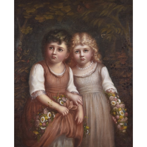 115 - 19TH CENTURY SCHOOL Portrait of two children holding posies of flowers, oil on canvas, signed indist... 