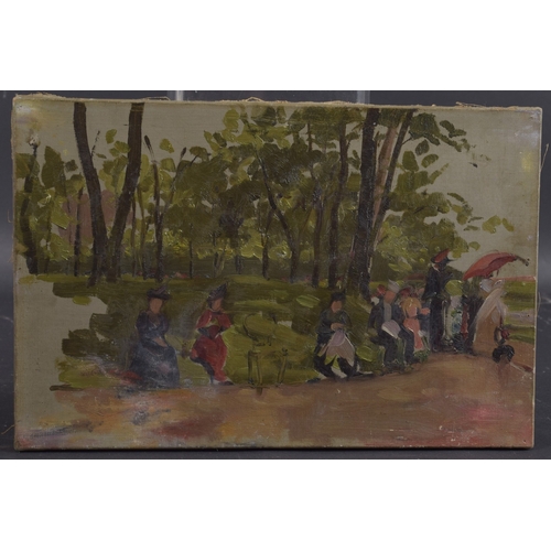 117 - FRENCH SCHOOL (19TH CENTURY) Impressionistic oil sketch of figures in a park, oil on canvas, unframe... 