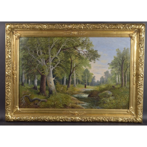 122 - A. CLAMET. ( CIRCA.1920.  CONTINENTAL) A woodland landscape with a woman beside a stream, in a super... 