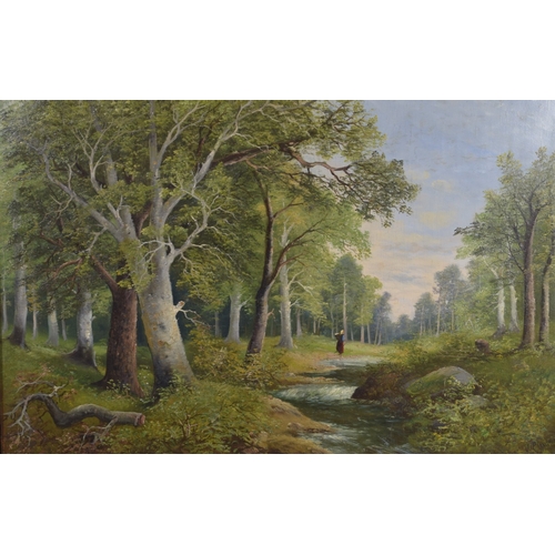 122 - A. CLAMET. ( CIRCA.1920.  CONTINENTAL) A woodland landscape with a woman beside a stream, in a super... 