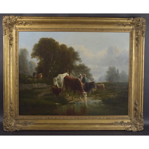 125 - EARLY 19TH CENTURY SCHOOL Cattle watering oil on canvas, 29.5