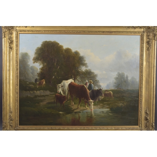 125 - EARLY 19TH CENTURY SCHOOL Cattle watering oil on canvas, 29.5