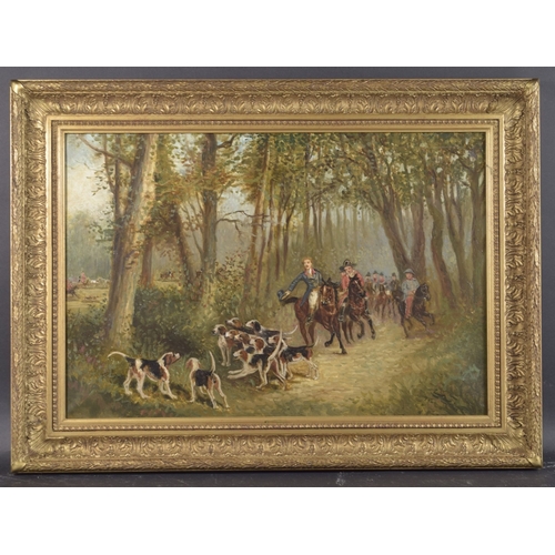 128 - FRENCH SCHOOL (EARLY 20TH CENTURY) Woodland scene with hunt and hounds, oil on canvas, inscribed ver... 