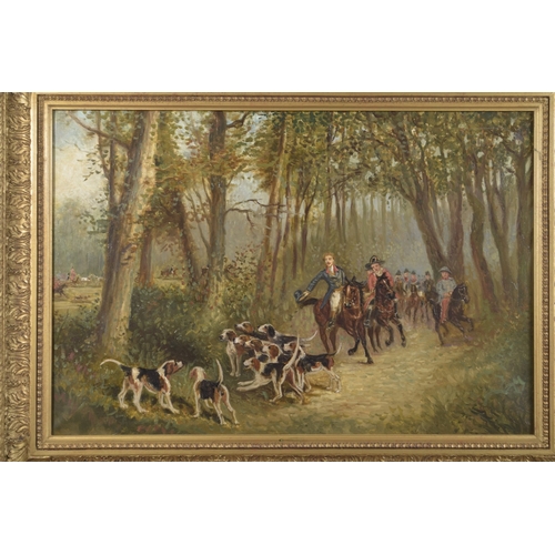 128 - FRENCH SCHOOL (EARLY 20TH CENTURY) Woodland scene with hunt and hounds, oil on canvas, inscribed ver... 