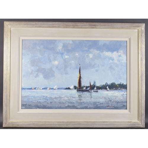 131 - GEOFFREY CHATTEN (b.1938) Sailing boats racing of a headland. oil on board, signed, 19.25