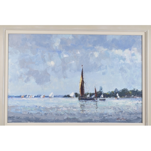 131 - GEOFFREY CHATTEN (b.1938) Sailing boats racing of a headland. oil on board, signed, 19.25