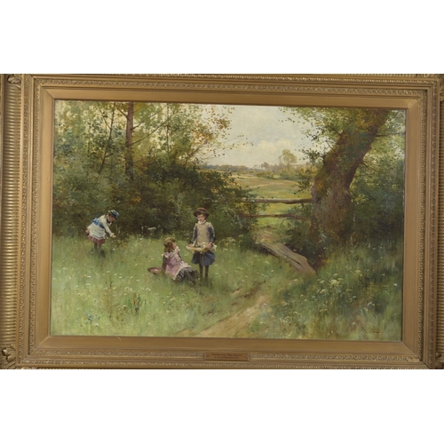 133 - ALFRED AUGUSTUS GLENDINNING (c.1840-c.1910) 'Gathering May Flowers' children in a meadow off a count... 