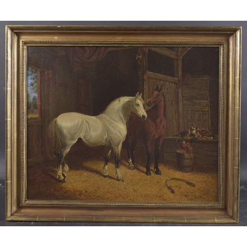 139 - JOHN FREDERICK HERRING SENIOR (BRITISH 1795-1865) Grey and chestnut horses in a stable, oil on canva... 