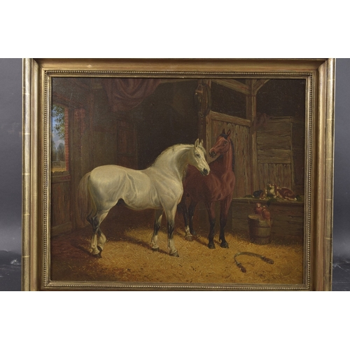 139 - JOHN FREDERICK HERRING SENIOR (BRITISH 1795-1865) Grey and chestnut horses in a stable, oil on canva... 