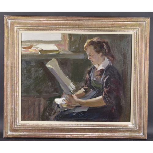 149 - 20TH CENTURY SCHOOL A seated woman reading by a window, oil on canvas, signed with initials, A.T.K 2... 