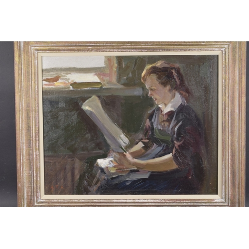 149 - 20TH CENTURY SCHOOL A seated woman reading by a window, oil on canvas, signed with initials, A.T.K 2... 