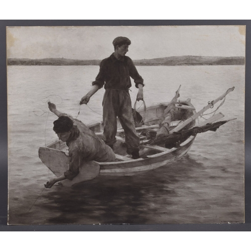 15 - AFTER HENRY SCOTT TUKE Boys fishing from a rowing boat, black and white print, signed, unframed 15.2... 