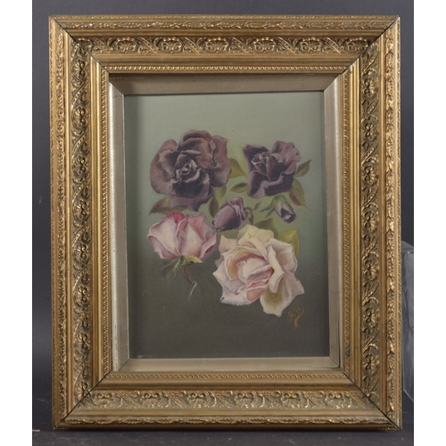 151 - EARLY 20TH CENTURY. Study of pink and purple rose flowers, oil on canvas, initialed AW, 12.5