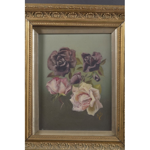 151 - EARLY 20TH CENTURY. Study of pink and purple rose flowers, oil on canvas, initialed AW, 12.5