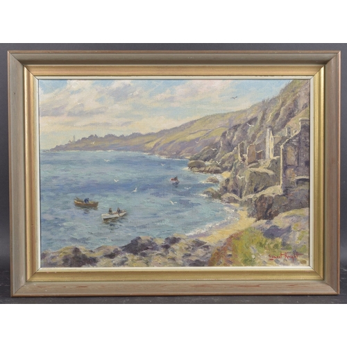 154 - ERNEST KNIGHT (BRITISH 1915-1995) 'Hallsands', boats off a Devon coastline, oil on board, inscribed ... 