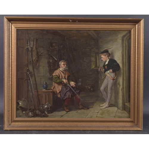 160 - 19TH CENTURY SCHOOL Interior scene of an armory with swordsman and pupil. oil on canvas, monogrammed... 