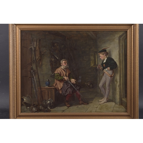 160 - 19TH CENTURY SCHOOL Interior scene of an armory with swordsman and pupil. oil on canvas, monogrammed... 