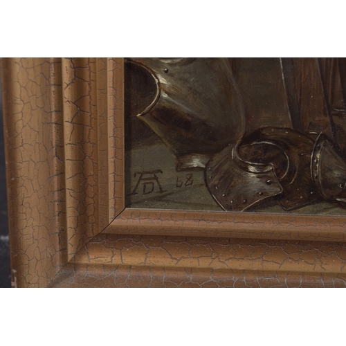 160 - 19TH CENTURY SCHOOL Interior scene of an armory with swordsman and pupil. oil on canvas, monogrammed... 