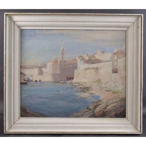 161 - ARTHUR CROFT MITCHELL (1872-1956) 'Ragusa from the Rocks', label verso, oil on canvas, 19.5