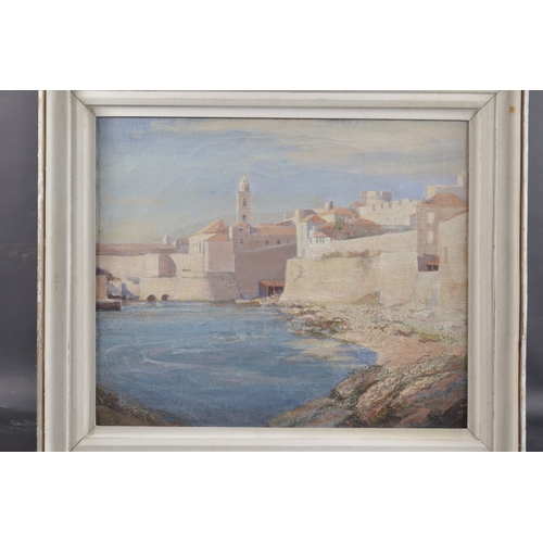 161 - ARTHUR CROFT MITCHELL (1872-1956) 'Ragusa from the Rocks', label verso, oil on canvas, 19.5