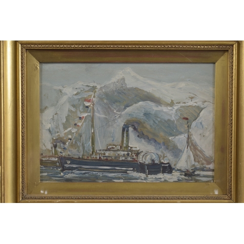 162 - 19TH / EARLY 20TH CENTURY Steam paddle ship and sailing boat off a mountain coastline, oil on board,... 