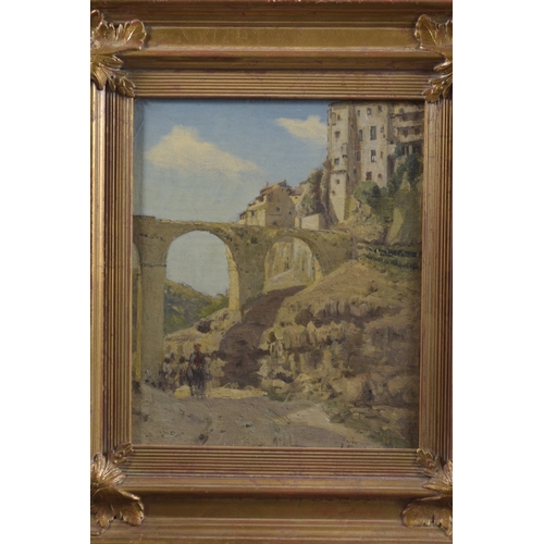 169 - 19TH CENTURY SCHOOL North African view of a viaduct with passing traveller on a mule, oil on panel, ... 