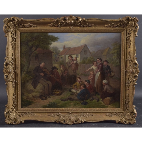 173 - IRISH SCHOOL (19TH CENTURY) Village scene of a fiddler playing to a group of onlookers, oil on canva... 