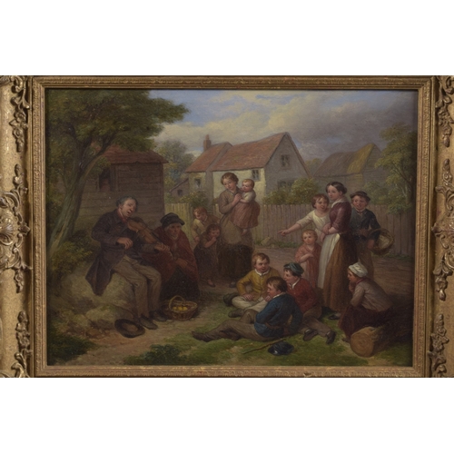 173 - IRISH SCHOOL (19TH CENTURY) Village scene of a fiddler playing to a group of onlookers, oil on canva... 