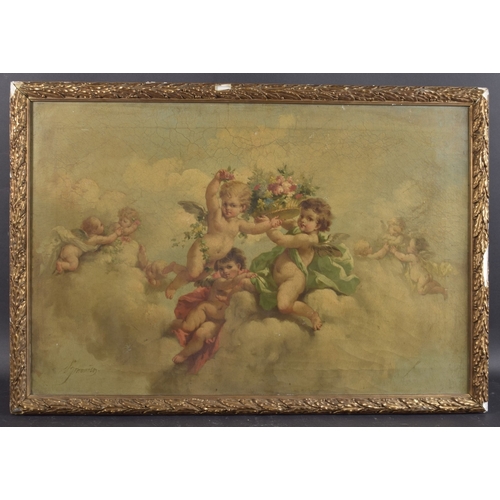 177 - 19TH CENTURY SCHOOL Cherubs in clouds with garlands of flowers, oil on canvas, indistinctly signed, ... 