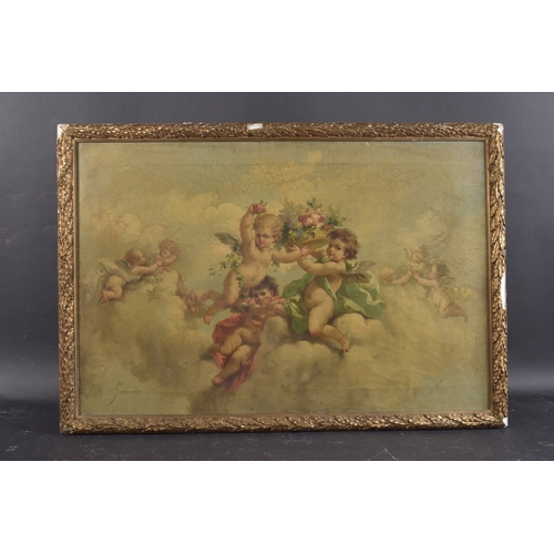 177 - 19TH CENTURY SCHOOL Cherubs in clouds with garlands of flowers, oil on canvas, indistinctly signed, ... 