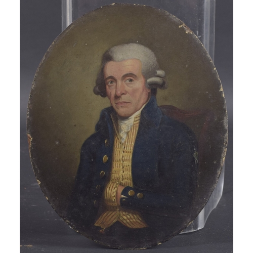 180 - 18TH CENTURY SCHOOL Portrait of a seated gentleman, wearing blue tunic, gold striped waistcoat and w... 