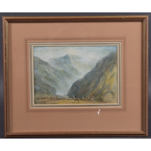 34 - PAOUL MILLAIS (FRENCH 20TH CENTURY) Mountain landscape with deer, watercolour, 6.25