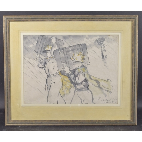 44 - NGUYEN THU (VIETNHAM 1930-2023) 'Carrying Supplies' figures carrying packing cases in the rain, mono... 