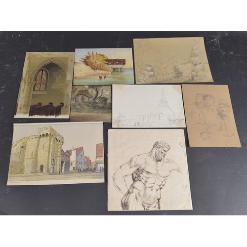 46 - A MISCELLANEOUS COLLECTION OF EIGHT WATERCOLOURS AND DRAWINGS Including the Bargate, Southampton by ... 